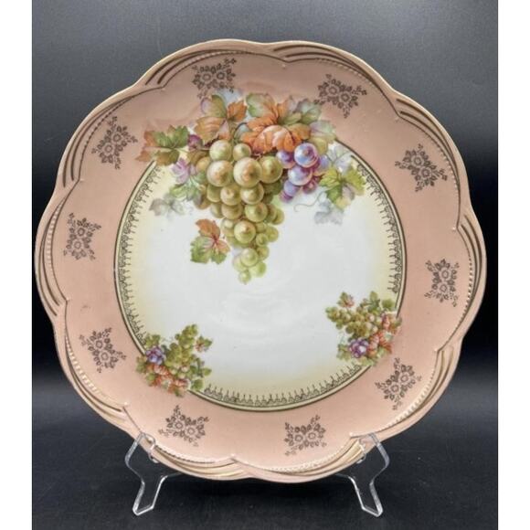 Antique German Porcelain Bowl Grapes Gold Trim Pink Rim Scalloped 12" - Picture 1 of 11